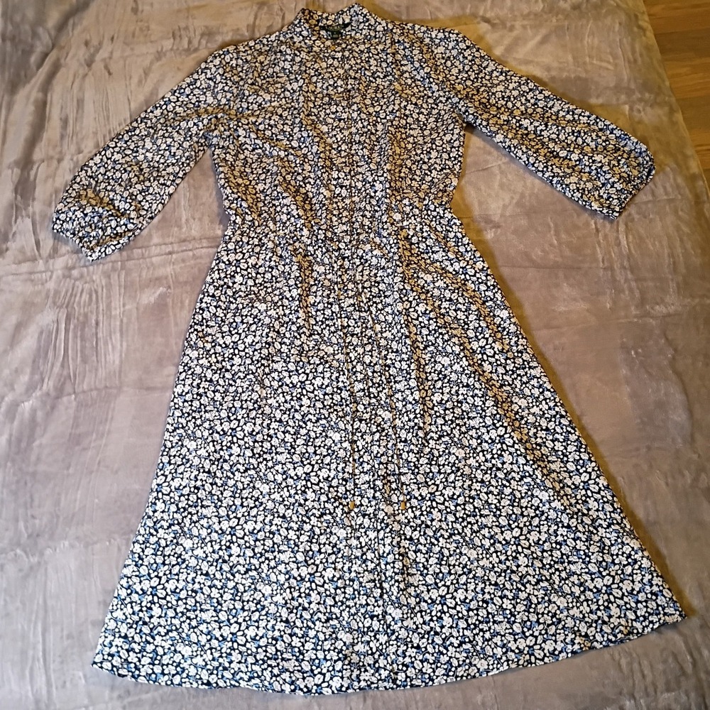 Lauren Ralph Lauren women's Floral Midi Dress Navy Blue White High Neck Size 8